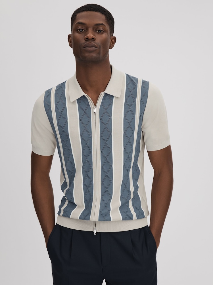 Reiss Stone Blue Selwood Colourblock Zip-Through T-Shirt - Image 1 of 7