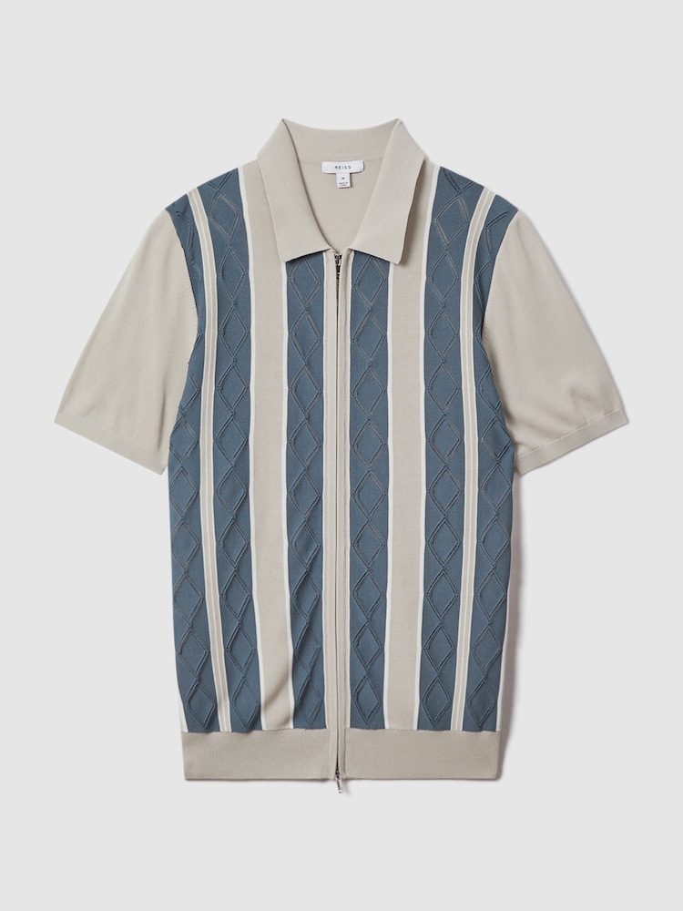 Reiss Stone Blue Selwood Colourblock Zip-Through T-Shirt - Image 2 of 7
