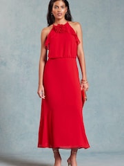 Love & Roses Red Halterneck Corsage Detail Midi Dress - Image 1 of 4