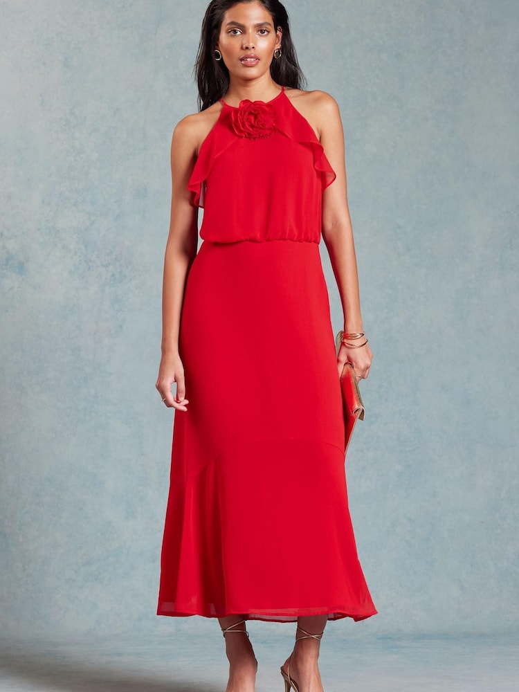 Love & Roses Red Halterneck Corsage Detail Midi Dress - Image 1 of 4 Love & Roses Red Halterneck Corsage Detail Midi Dress - Image 1 of 4