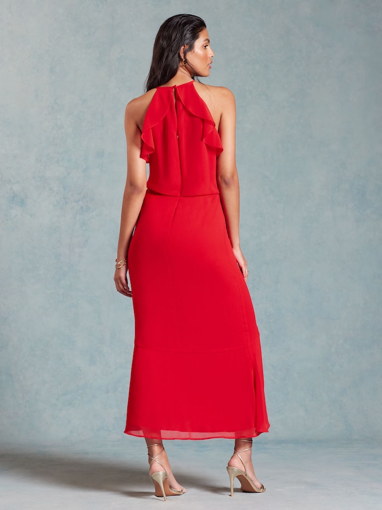 Love & Roses Red Halterneck Corsage Detail Midi Dress - Image 2 of 4 Love & Roses Red Halterneck Corsage Detail Midi Dress - Image 2 of 4