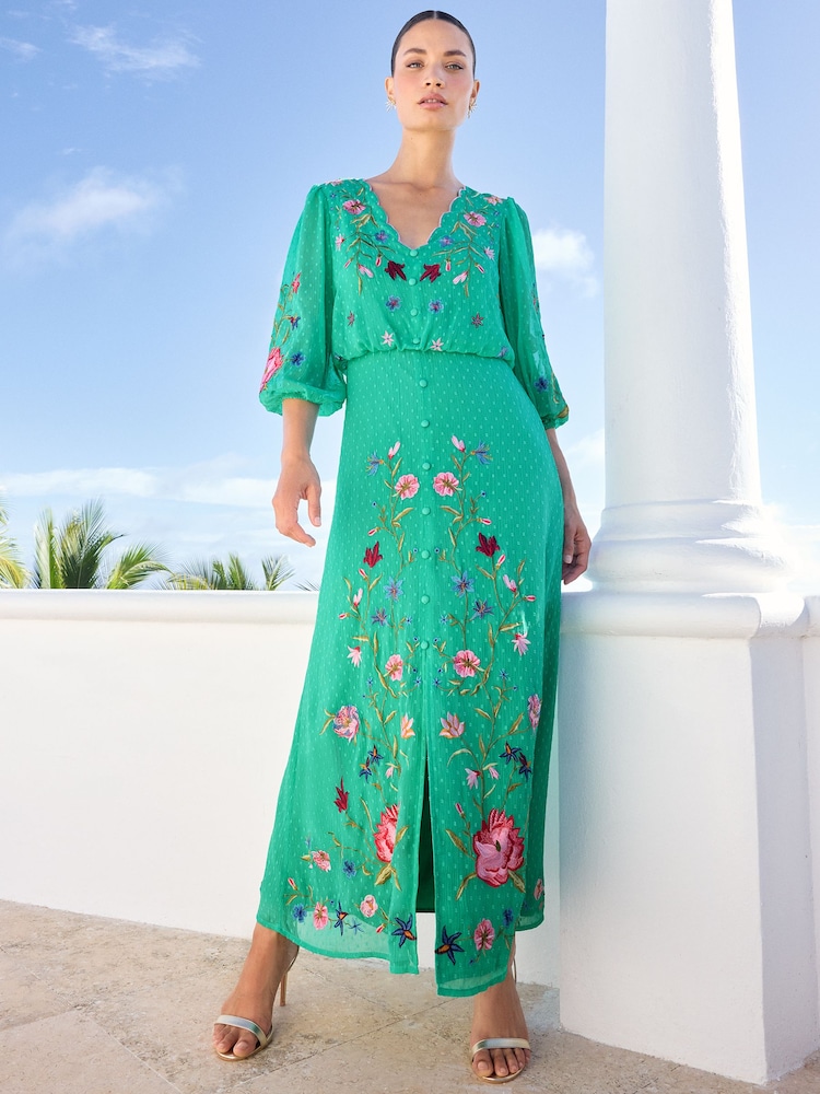 V&A | Love & Roses Green Embroidered Scallop Neck Dobby Midi Dress d - Image 1 of 4