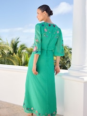 V&A | Love & Roses Green Embroidered Scallop Neck Dobby Midi Dress d - Image 2 of 4