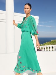 V&A | Love & Roses Green Embroidered Scallop Neck Dobby Midi Dress d - Image 3 of 4