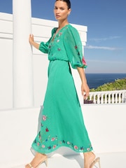 V&A | Love & Roses Green Embroidered Scallop Neck Dobby Midi Dress d - Image 4 of 4