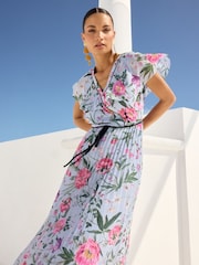 V&A | Love & Roses Blue Floral Printed Pleated Contrast Tipping Maxi Dress - Image 2 of 5