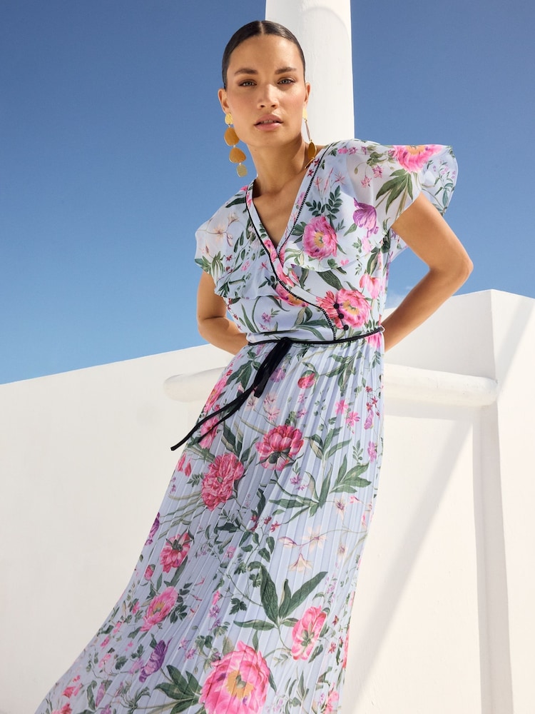 V&A | Love & Roses Blue Floral Printed Pleated Contrast Tipping Maxi Dress - Image 2 of 5