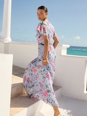 V&A | Love & Roses Blue Floral Printed Pleated Contrast Tipping Maxi Dress - Image 3 of 5