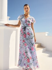 V&A | Love & Roses Blue Floral Printed Pleated Contrast Tipping Maxi Dress - Image 4 of 5