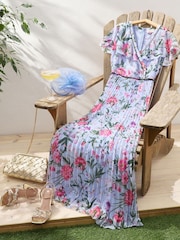 V&A | Love & Roses Blue Floral Printed Pleated Contrast Tipping Maxi Dress - Image 5 of 5