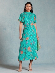 Love & Roses Green Floral Printed Metallic Flutter Sleeve Midi Dress - Image 1 of 4