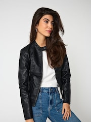JDY Black Petite Faux Leather Biker Jacket - Image 1 of 7