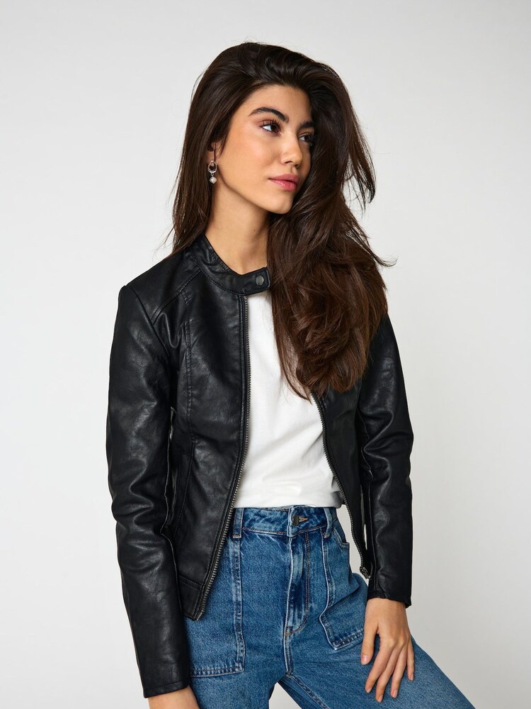 JDY Black Petite Faux Leather Biker Jacket - Image 1 of 7