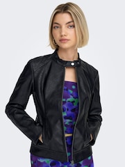JDY Black Petite Faux Leather Biker Jacket - Image 4 of 7