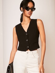 Lipsy Black Petite Linen Button Through Waistcoat - Image 1 of 4