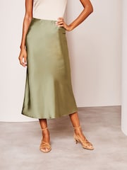 Lipsy Khaki Green Satin Bias Cut Midi Skirt - Image 3 of 4