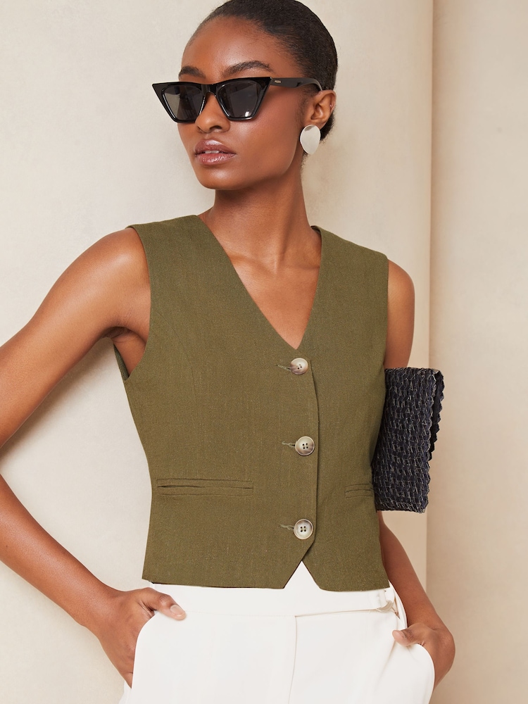 Lipsy Khaki Green Linen Button Through Waistcoat - Image 1 of 4 Lipsy Khaki Green Linen Button Through Waistcoat - Image 1 of 4