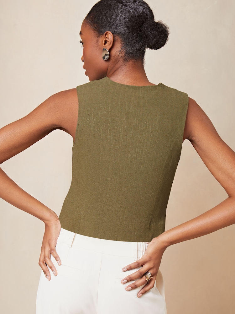 Lipsy Khaki Green Linen Button Through Waistcoat - Image 2 of 4