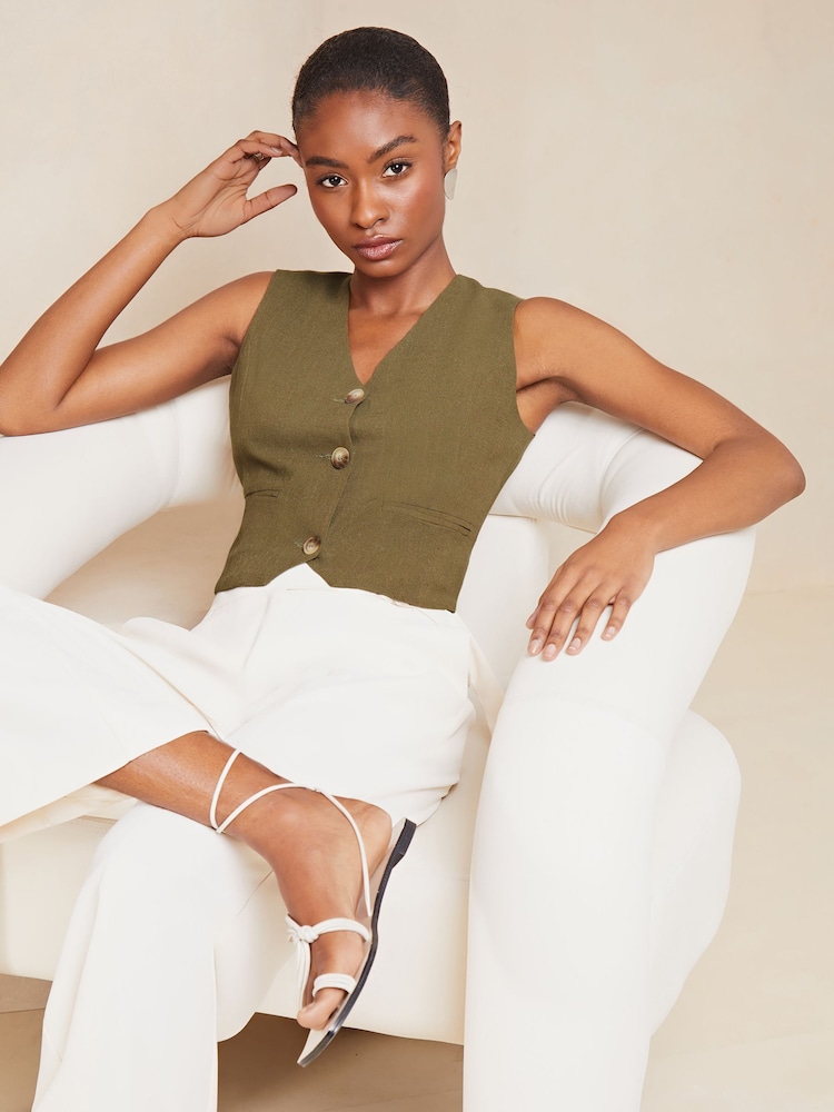 Lipsy Khaki Green Linen Button Through Waistcoat - Image 4 of 4