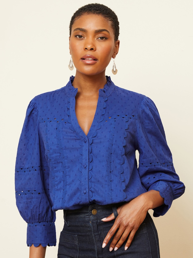 Love & Roses Cobalt Blue V Neck Ric Rac Trim Blouse - Image 1 of 1 Love & Roses Cobalt Blue V Neck Ric Rac Trim Blouse - Image 1 of 1