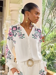 V&A | Love & Roses White Embroidered Linen Button Through Shirt - Image 1 of 4