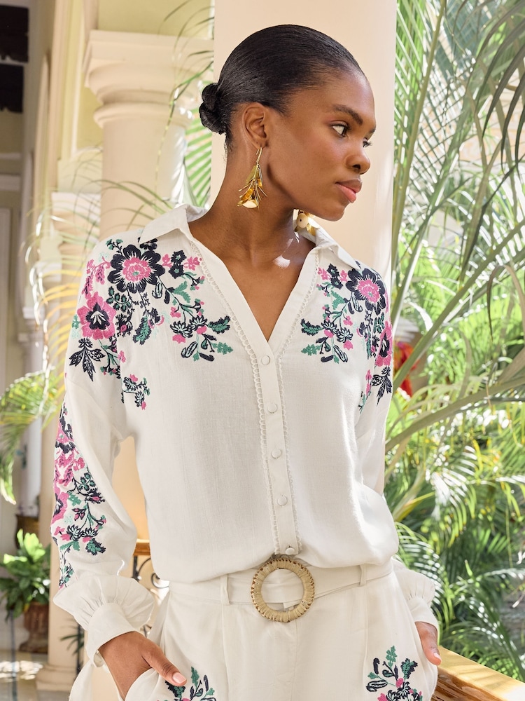 V&A | Love & Roses White Embroidered Linen Button Through Shirt - Image 1 of 4