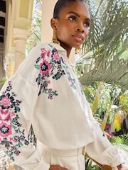 V&A | Love & Roses White Embroidered Linen Button Through Shirt - Image 2 of 4