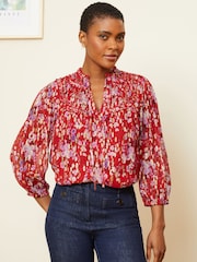 Love & Roses Red Floral Metallic Printed Shirred Yoke 3/4 Sleeve Blouse - Image 1 of 4