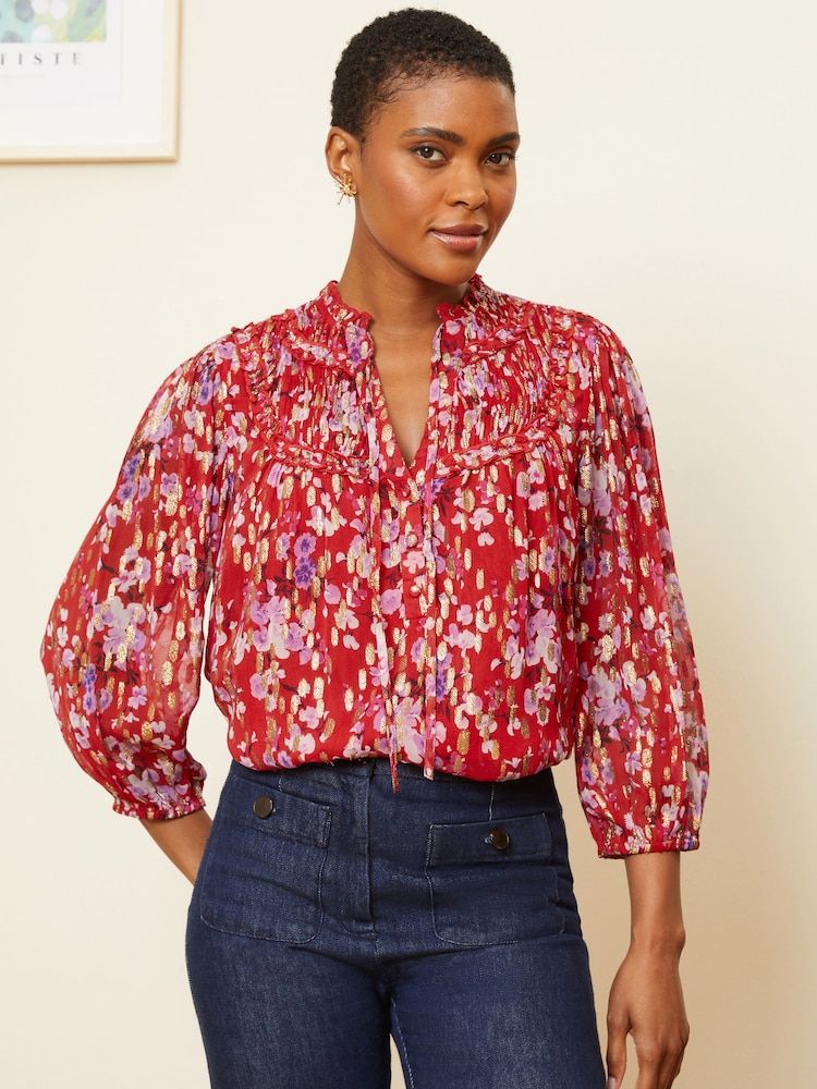 Love & Roses Red Floral Metallic Printed Shirred Yoke 3/4 Sleeve Blouse - Image 1 of 4