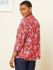 Love & Roses Red Floral Metallic Printed Shirred Yoke 3/4 Sleeve Blouse - Image 2 of 4