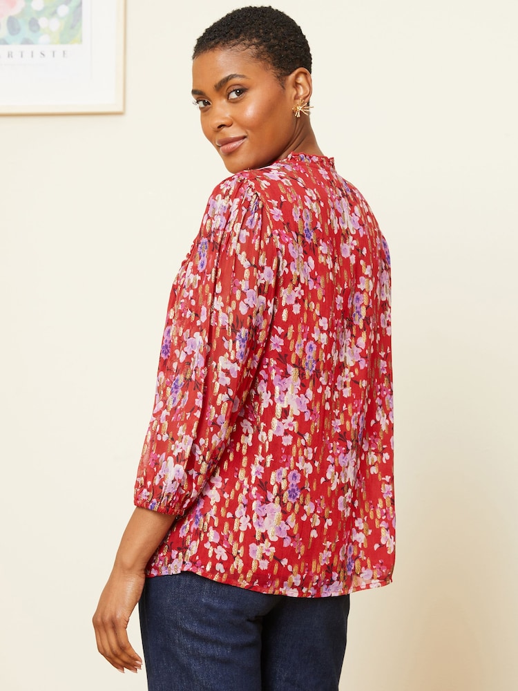 Love & Roses Red Floral Metallic Printed Shirred Yoke 3/4 Sleeve Blouse - Image 2 of 4