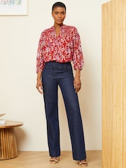 Love & Roses Red Floral Metallic Printed Shirred Yoke 3/4 Sleeve Blouse - Image 3 of 4