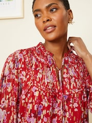 Love & Roses Red Floral Metallic Printed Shirred Yoke 3/4 Sleeve Blouse - Image 4 of 4