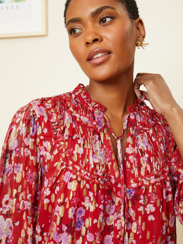 Love & Roses Red Floral Metallic Printed Shirred Yoke 3/4 Sleeve Blouse - Image 4 of 4