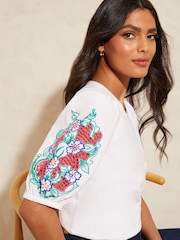 Love & Roses White Cutwork Detail Puff Sleeve Jersey T-Shirt - Image 1 of 4