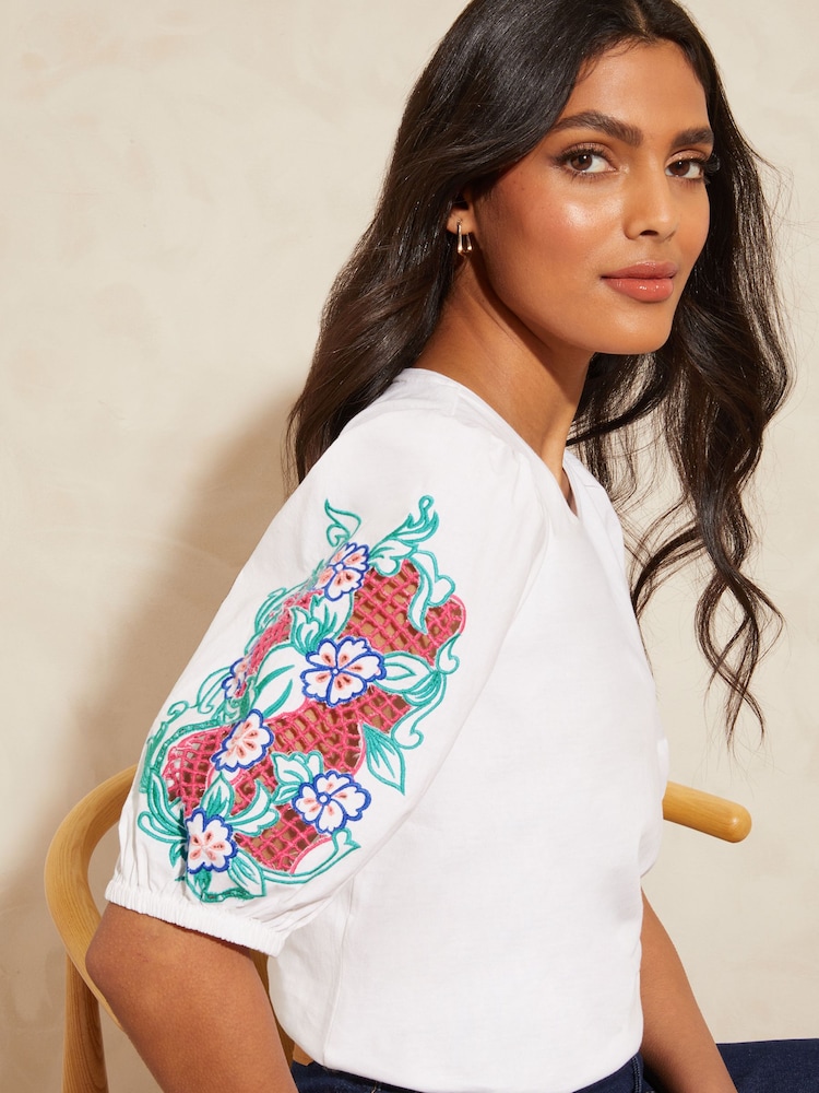 Love & Roses White Cutwork Detail Puff Sleeve Jersey T-Shirt - Image 1 of 4