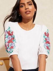 Love & Roses White Cutwork Detail Puff Sleeve Jersey T-Shirt - Image 2 of 4