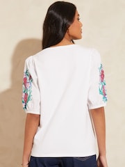 Love & Roses White Cutwork Detail Puff Sleeve Jersey T-Shirt - Image 3 of 4