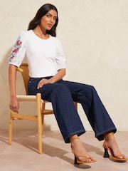 Love & Roses White Cutwork Detail Puff Sleeve Jersey T-Shirt - Image 4 of 4
