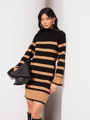 Lipsy Black Long Sleeve Stripe Knitted Jumper Dress - Image 1 of 4