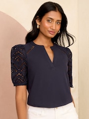Love & Roses Navy Blue Broderie Short Sleeve V Neck Jersey Top - Image 1 of 4