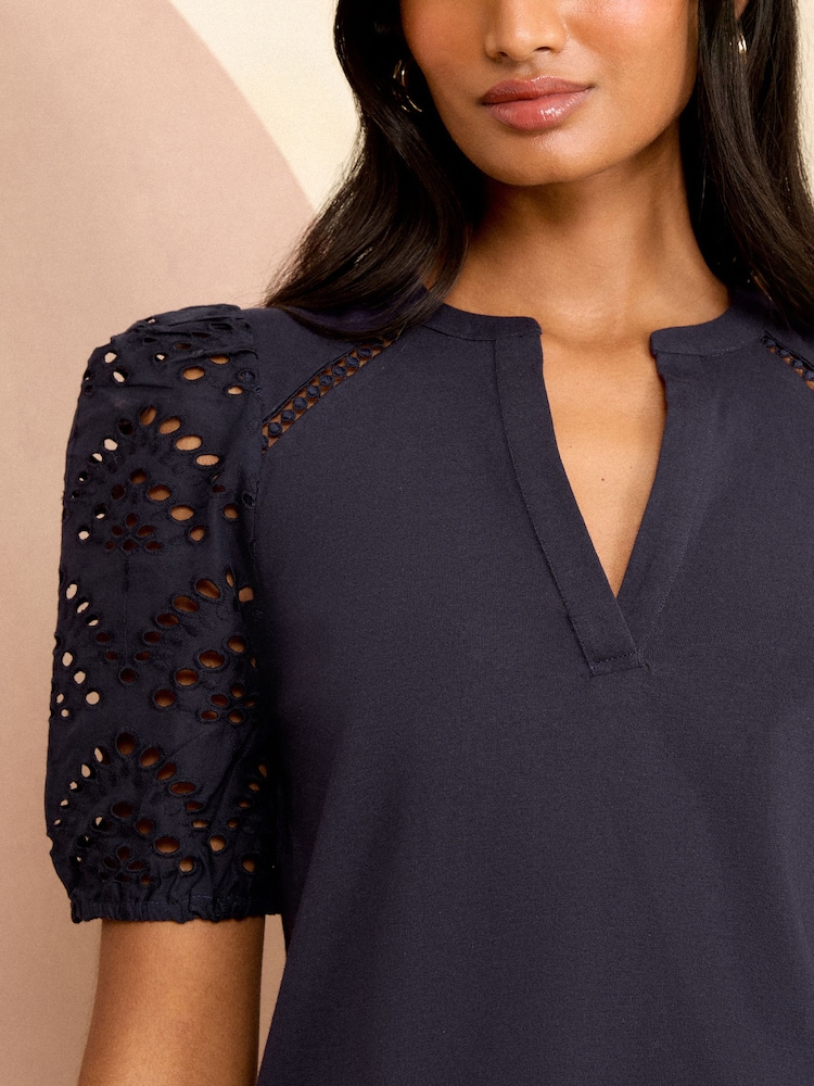 Love & Roses Navy Blue Broderie Short Sleeve V Neck Jersey Top - Image 2 of 4