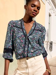 Love & Roses Navy Blue Ditsy Lace Detail 3/4 Sleeve Printed Blouse - Image 1 of 4