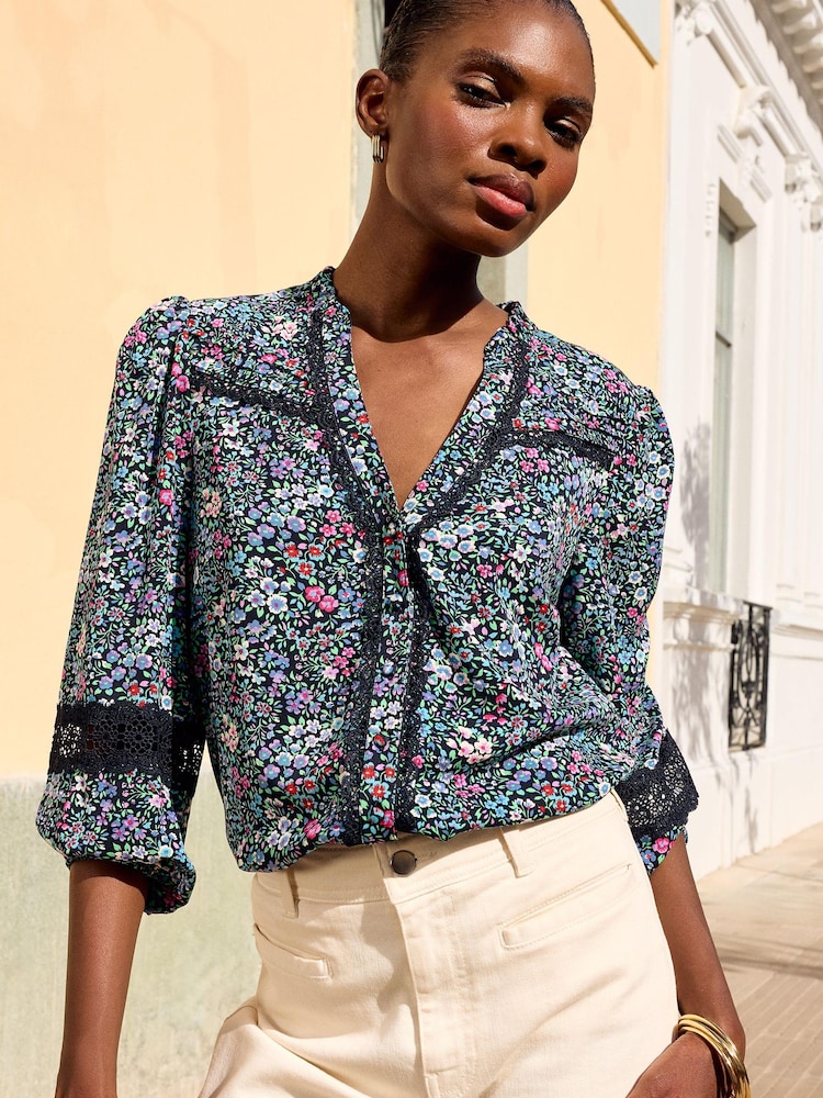 Love & Roses Navy Blue Ditsy Lace Detail 3/4 Sleeve Printed Blouse - Image 1 of 4