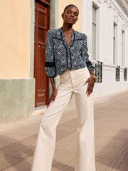 Love & Roses Navy Blue Ditsy Lace Detail 3/4 Sleeve Printed Blouse - Image 2 of 4