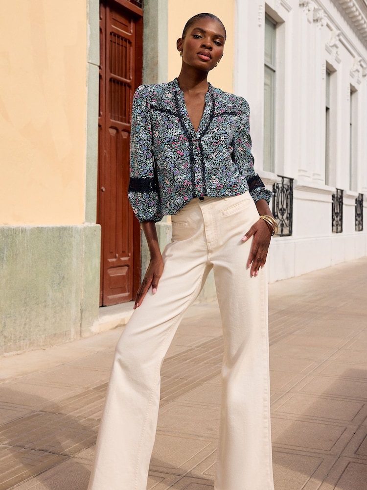 Love & Roses Navy Blue Ditsy Lace Detail 3/4 Sleeve Printed Blouse - Image 2 of 4