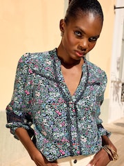 Love & Roses Navy Blue Ditsy Lace Detail 3/4 Sleeve Printed Blouse - Image 3 of 4