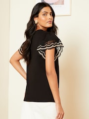 Love & Roses Black Lace Trim Sleeve Jersey Shell Top - Image 3 of 4