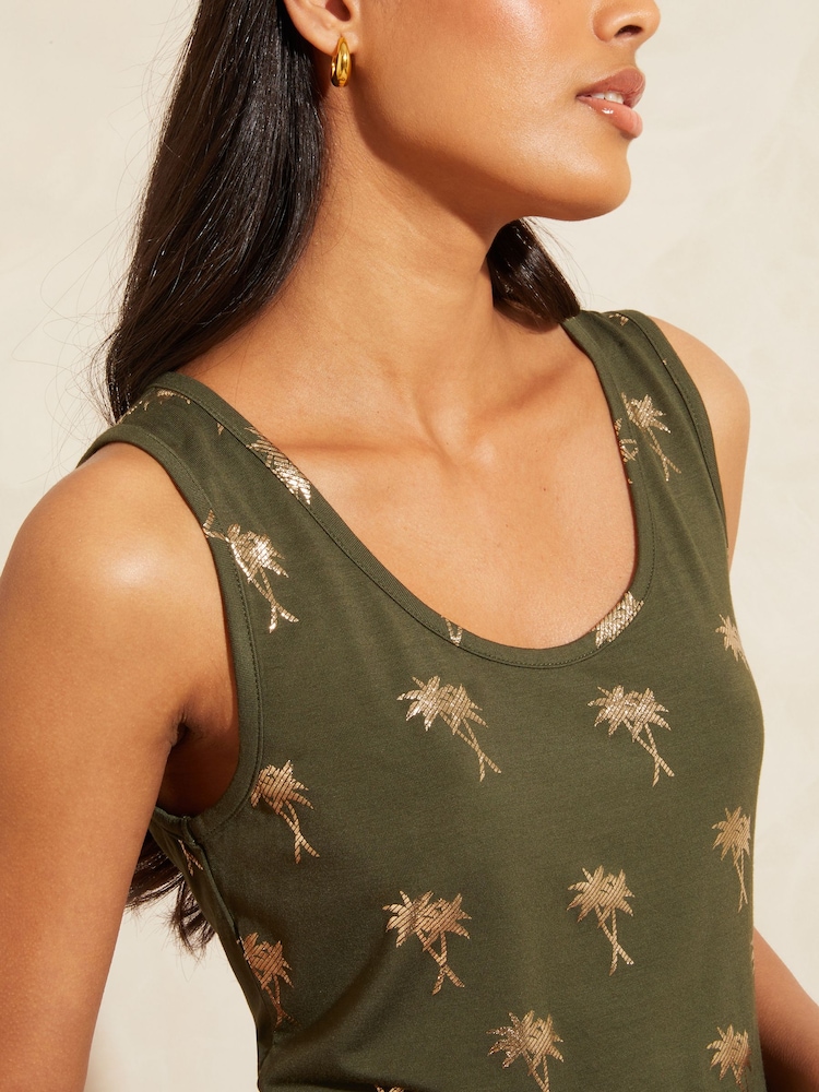 Love & Roses Khaki Foil Print Jersey Scoop Neck Vest Top - Image 2 of 4