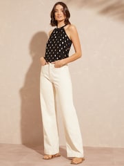 Love & Roses Black With Gold Foil Halter Neck Jersey Top - Image 4 of 4